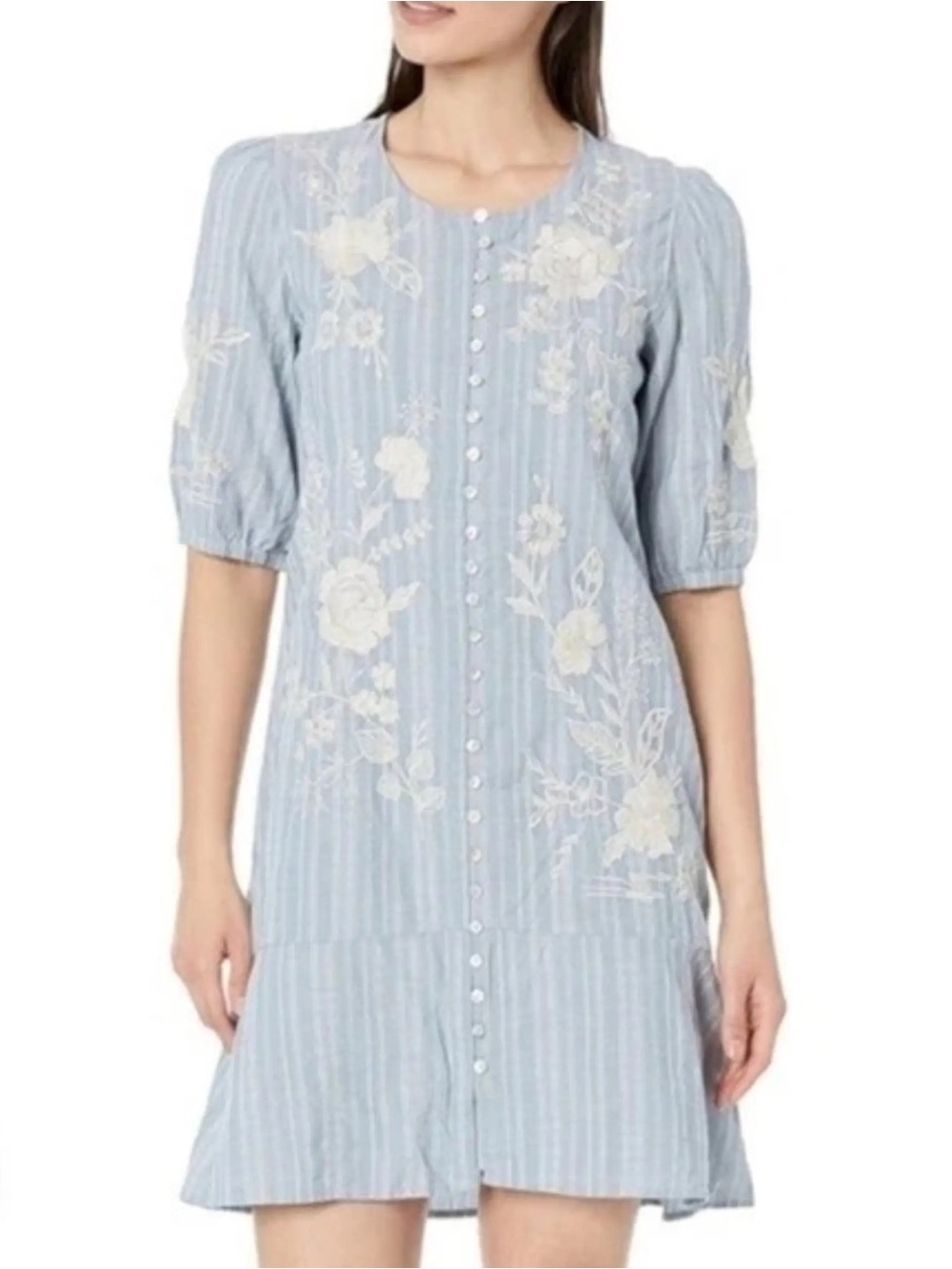 Johnny Was Light Blue Cotton Linen Dress with Cream Floral Embroidery Size Large